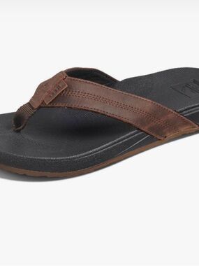 Reef Men's Black Footbed Brown Leather Strap Flip Flops Size 13